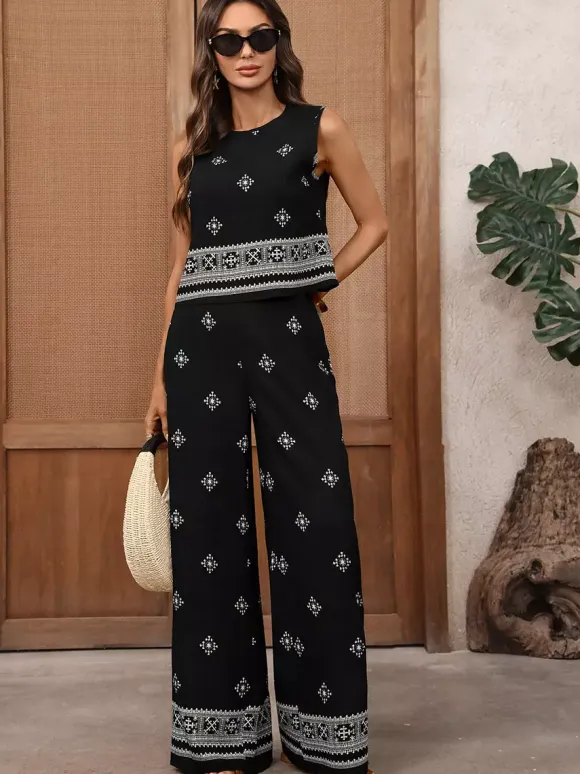 Two Piece Sets Pant Set Black Daily Casual Viscose Jewel Neck Sleeveless Sets