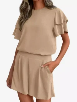 Two Piece Sets Pant Set Black Jewel Neck T-Shirt Sleeves Short Sleeves Sets