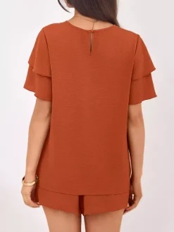 Two Piece Sets Pant Set Black Jewel Neck T-Shirt Sleeves Short Sleeves Sets