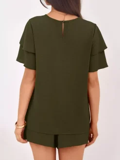 Two Piece Sets Pant Set Black Jewel Neck T-Shirt Sleeves Short Sleeves Sets