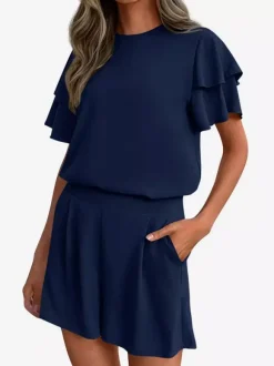 Two Piece Sets Pant Set Black Jewel Neck T-Shirt Sleeves Short Sleeves Sets
