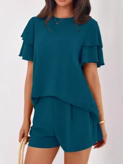 Two Piece Sets Pant Set Black Jewel Neck T-Shirt Sleeves Short Sleeves Sets