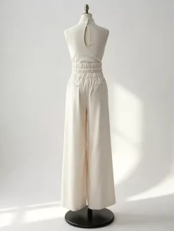 Two Piece Sets Pant Set Maxi Dresses Ecru White High Collar Sleeveless Elegant Sets