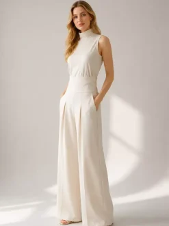 Two Piece Sets Pant Set Maxi Dresses Ecru White High Collar Sleeveless Elegant Sets
