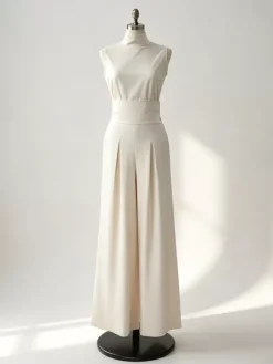 Two Piece Sets Pant Set Maxi Dresses Ecru White High Collar Sleeveless Elegant Sets