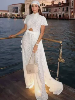 Two Piece Sets Pant Set Maxi Dresses White Resort Wear Jewel Neck Illusion Sleeves Short Sleeves Sets