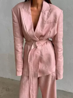 Two Piece Sets Pant Set Pink Chic Sash Cotton Turndown Collar Long Sleeves Top Pant Suits