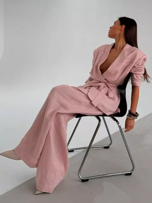 Two Piece Sets Pant Set Pink Chic Sash Cotton Turndown Collar Long Sleeves Top Pant Suits