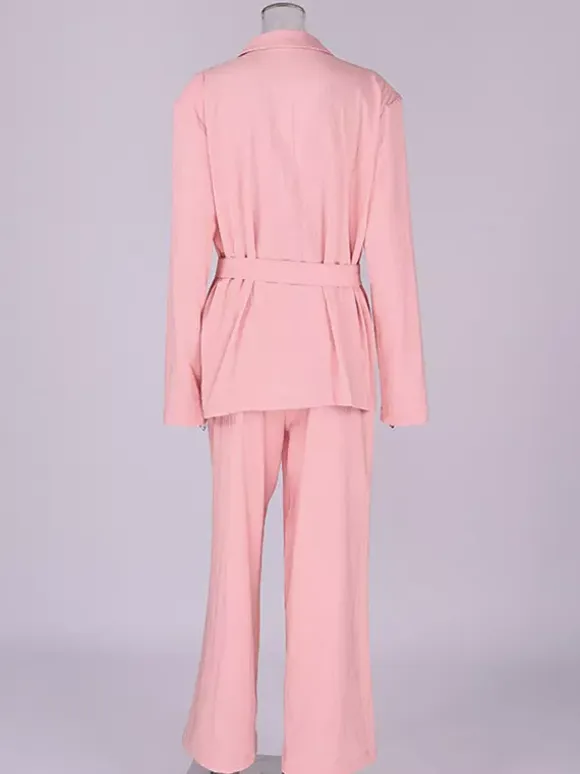 Two Piece Sets Pant Set Pink Chic Sash Cotton Turndown Collar Long Sleeves Top Pant Suits