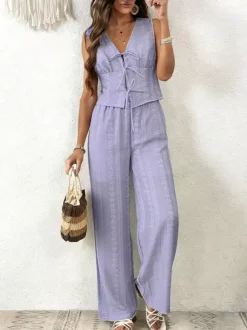 Two Piece Sets Pant Set White Printed Street Wear Polyester V-Neck Sleeveless Casual Pant Set