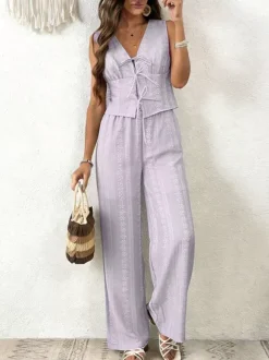 Two Piece Sets Pant Set White Printed Street Wear Polyester V-Neck Sleeveless Casual Pant Set