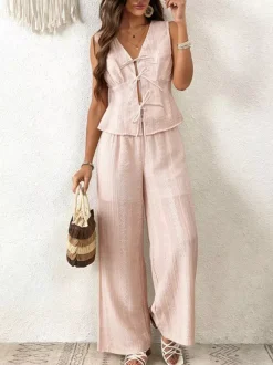 Two Piece Sets Pant Set White Printed Street Wear Polyester V-Neck Sleeveless Casual Pant Set