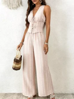 Two Piece Sets Pant Set White Printed Street Wear Polyester V-Neck Sleeveless Casual Pant Set