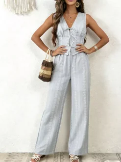 Two Piece Sets Pant Set White Printed Street Wear Polyester V-Neck Sleeveless Casual Pant Set