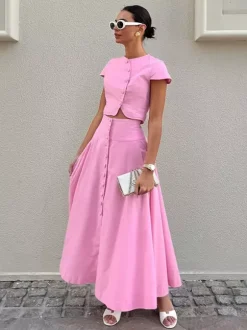 Two Piece Sets Pink Casual Buttons Street Wear Jewel Neck Short Sleeves Skirt Set