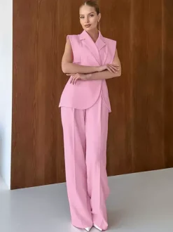 Two Piece Sets Pink Chic Daily Casual Turndown Collar Sleeveless Pant Set