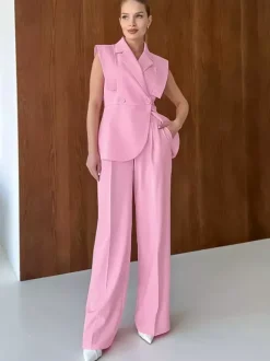 Two Piece Sets Pink Chic Daily Casual Turndown Collar Sleeveless Pant Set