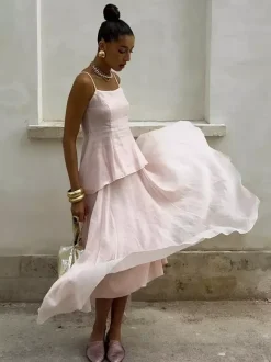 Two Piece Sets Pink Chic Daily Velour Straps Neck Sleeveless Backless Summer Top Skirt Sets