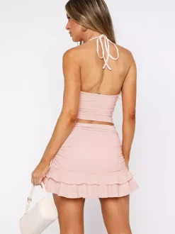 Two Piece Sets Pink Chic Pleated Dating Halter Sleeveless Skirt Set