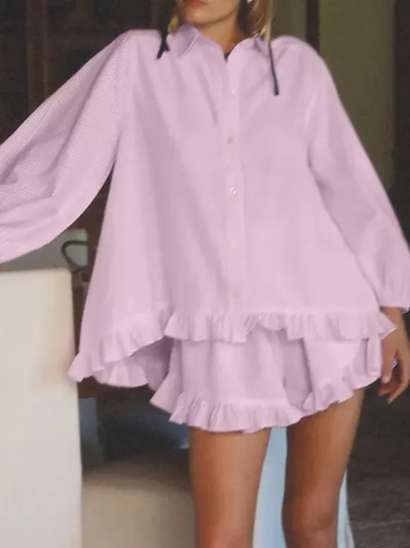 Two Piece Sets Pink Chic Stripes Daily Turndown Collar Lantern Sleeve Pant Set