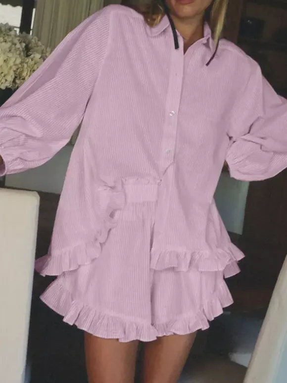 Two Piece Sets Pink Chic Stripes Daily Turndown Collar Lantern Sleeve Pant Set