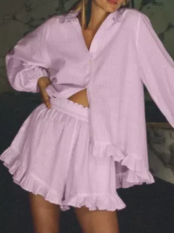Two Piece Sets Pink Chic Stripes Daily Turndown Collar Lantern Sleeve Pant Set