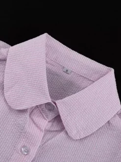 Two Piece Sets Pink Chic Stripes Daily Turndown Collar Lantern Sleeve Pant Set
