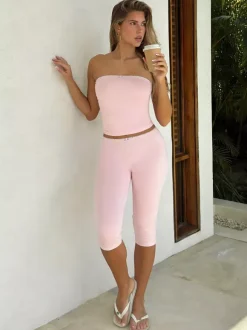 Two Piece Sets Pink Lace Strapless Tube Top Lace Trim High Waist Capri Leggings Set