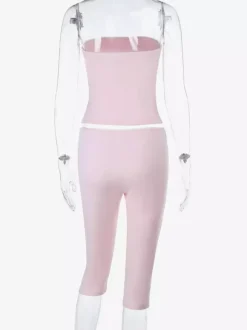 Two Piece Sets Pink Lace Strapless Tube Top Lace Trim High Waist Capri Leggings Set