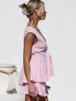 Two Piece Sets Pink V-Neck Short Sleeves Top Pants Summer Sets