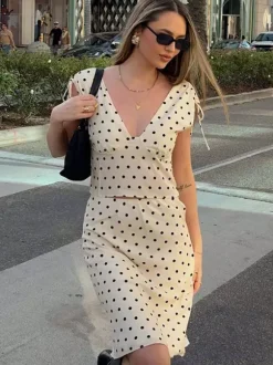Two Piece Sets Polka Dot Apricot V-Neck Short Sleeves V Neck Tie Strap Cami Top Midi Skirt Set