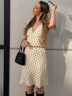 Two Piece Sets Polka Dot Apricot V-Neck Short Sleeves V Neck Tie Strap Cami Top Midi Skirt Set