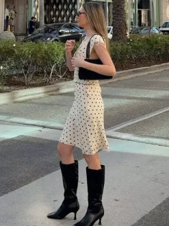 Two Piece Sets Polka Dot Apricot V-Neck Short Sleeves V Neck Tie Strap Cami Top Midi Skirt Set