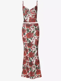 Two Piece Sets Red Casual Floral Print Street Wear Polyester Straps Neck Sleeveless Skirt Set