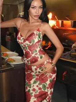 Two Piece Sets Red Sexy Floral Print Resort Wear Polyester Straps Neck Flower Sleeveless Skirt Set