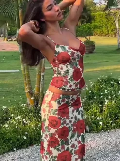 Two Piece Sets Red Sexy Floral Print Resort Wear Polyester Straps Neck Flower Sleeveless Skirt Set