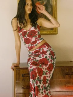 Two Piece Sets Red Sexy Floral Print Resort Wear Polyester Straps Neck Flower Sleeveless Skirt Set