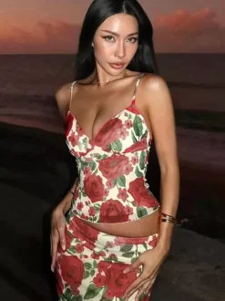 Two Piece Sets Red Sexy Floral Print Resort Wear Polyester Straps Neck Flower Sleeveless Skirt Set