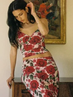 Two Piece Sets Red Sexy Floral Print Resort Wear Polyester Straps Neck Flower Sleeveless Skirt Set
