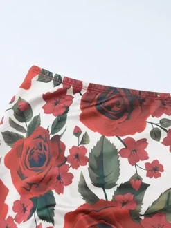 Two Piece Sets Red Sexy Floral Print Resort Wear Polyester Straps Neck Flower Sleeveless Skirt Set