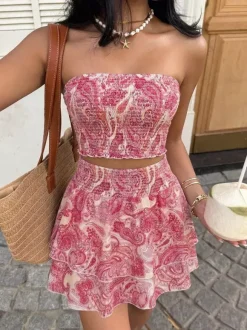 Two Piece Sets Rose Casual Floral Print Resort Wear Sleeveless Skirt Set