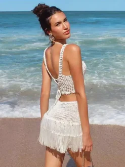 Two Piece Sets Skirt Set Ecru White Chic Fringe Beach Traps Neck Sleeveless Top Skirt Sets