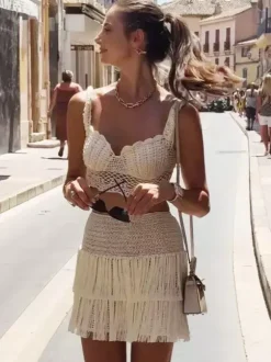 Two Piece Sets Skirt Set Ecru White Chic Fringe Beach Traps Neck Sleeveless Top Skirt Sets