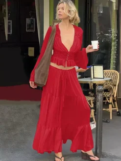 Two Piece Sets Skirt Set Maxi Dresses Apricot Resort Wear Buttons Casual V-Neck Long Sleeves Sets