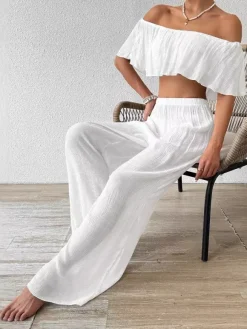 Two Piece Sets White Casual Beach Off-The-Shoulder Shaping Sleeveless Pant Set