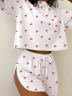 Two Piece Sets White Casual Printed Daily Casual Drawstring Jewel Neck T-Shirt Sleeves Short Sleeves Pant Set