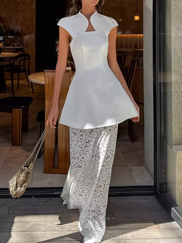 Two Piece Sets White Chic Lace Daily Casual Shaping Sleeveless Skirt Set