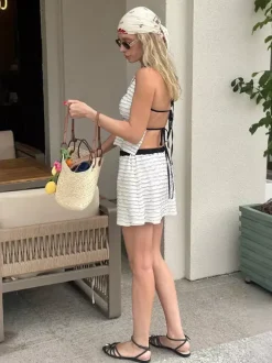 Two Piece Sets White Chic Stripes Jewel Neck Clothes Sleeveless Skirt Set