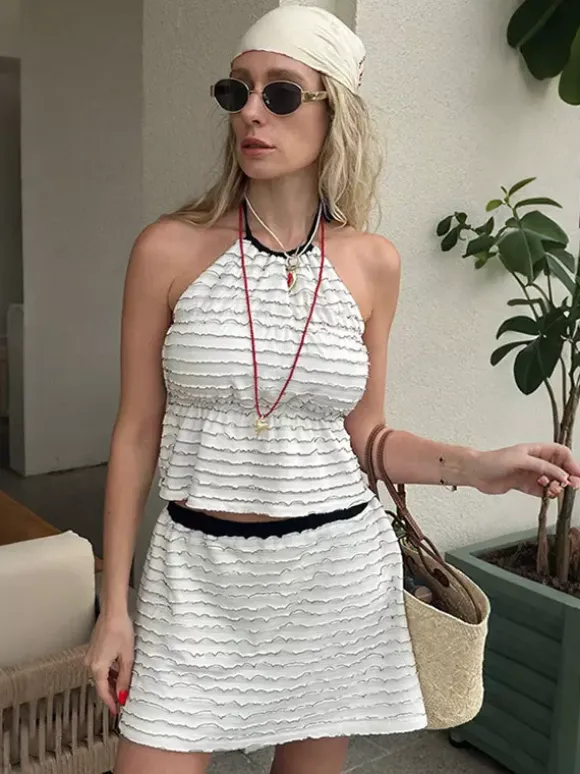 Two Piece Sets White Chic Stripes Jewel Neck Clothes Sleeveless Skirt Set