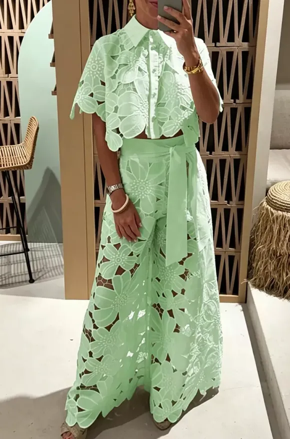 Two Piece Sets White Daily Casual Cut Out Turndown Collar Short Sleeves Elegant Pant Set